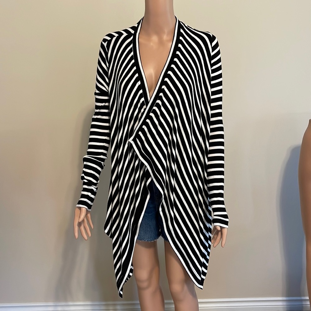 BCBG Maxazria black label black white stripe asymmetrical sweater size XS